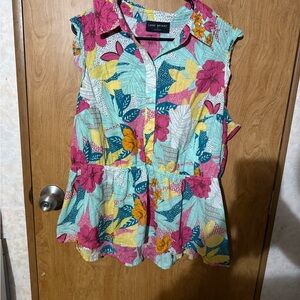 Lane Bryant Aqua Floral Button-Front Peplum Top with Pink & Yellow Accents